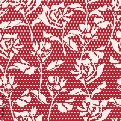 Red Botanical Tropical Floral Seamless Pattern with dotted Background