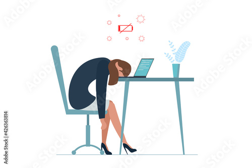 Businesswoman professional burnout syndrome. Exhausted sick tired female manager sit with head down on laptop. Sad boring woman. Frustrated worker mental health problems. Long work illustration photo