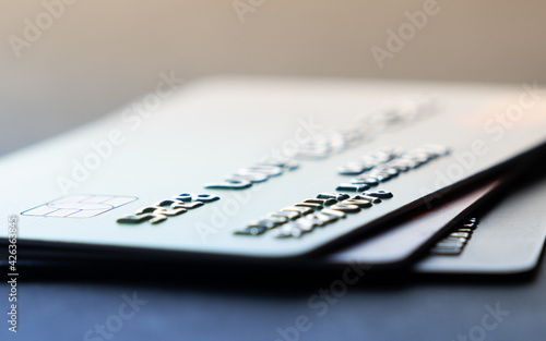 Pay cards. A stack of colorful credit cards close up. Online payment. Online shopping concept