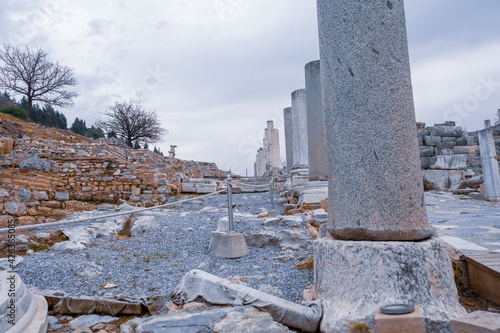 columns behind Hercules Gate in Ephesus ruins, historical ancient Roman archaeological sites in eastern Mediterranean Ionia region