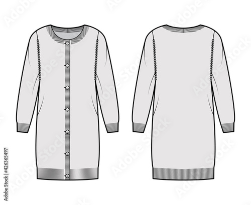 Round neck dress cardigan sweater technical fashion illustration with long sleeves, oversized, knee length, knit rib trim. Flat jumper apparel front, back, grey color style. Women, men unisex mockup