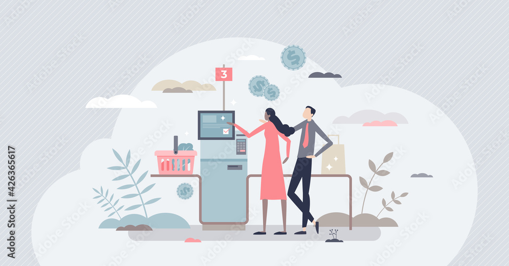 Self checkout and terminal payment after grocery shopping tiny person concept Self checkout and terminal payment after grocery shopping tiny person concept