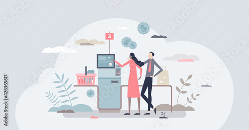 Self checkout and terminal payment after grocery shopping tiny person concept
