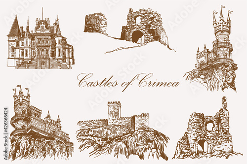 Graphical vintage castles of crimea on  brown background, vector architecture	