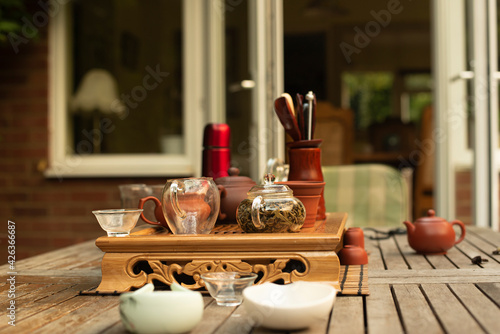 Traditional chinese tea ceremony in the garden.