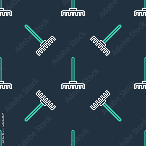 Line Garden rake icon isolated seamless pattern on black background. Tool for horticulture, agriculture, farming. Ground cultivator. Housekeeping equipment. Vector
