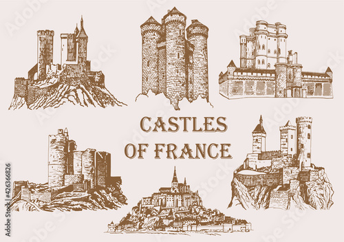 Graphical vintage castles of france on sepia background, vector architecture