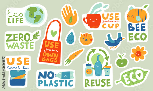 Ecological stickers. Collection of ecology stickers with slogans - eco life  zero waste  use lunch box  use your own bag  use your cup  bee eco  reuse. Bundle of bright vector design elements. Bird.