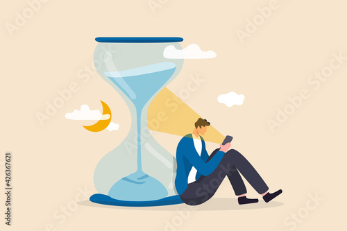 Screen time, doom scrolling or wasted time using smartphone, staying late night with mobile addiction concept, exhausted man sitting with sandglass using smartphone with bright light on his face.