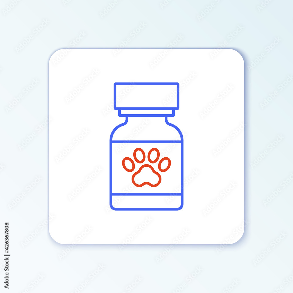Line Medicine bottle and pills icon isolated on white background. Container with pills. Prescription medicine for animal. Colorful outline concept. Vector