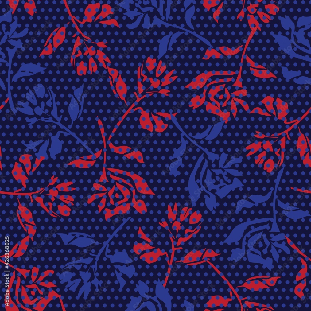 Red Navy Botanical Tropical Floral Seamless Pattern with dotted Background