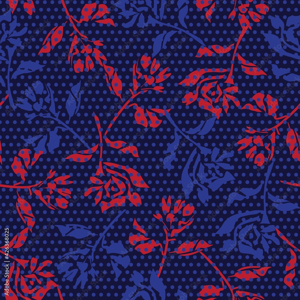 Obraz premium Red Navy Botanical Tropical Floral Seamless Pattern with dotted Background