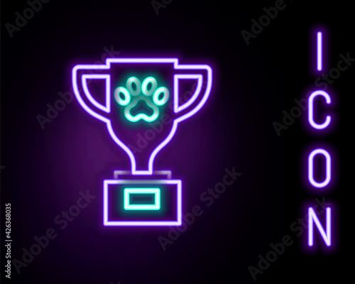 Glowing neon line Pet award symbol icon isolated on black background. Medal with dog footprint as pets exhibition winner concept. Colorful outline concept. Vector