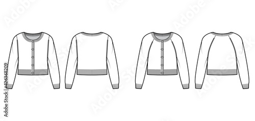 Set of Round neck cropped cardigans technical fashion illustration with long raglan sleeves, waist length, knit rib cuff. Flat apparel front, back, white color style. Women, men unisex CAD mockup