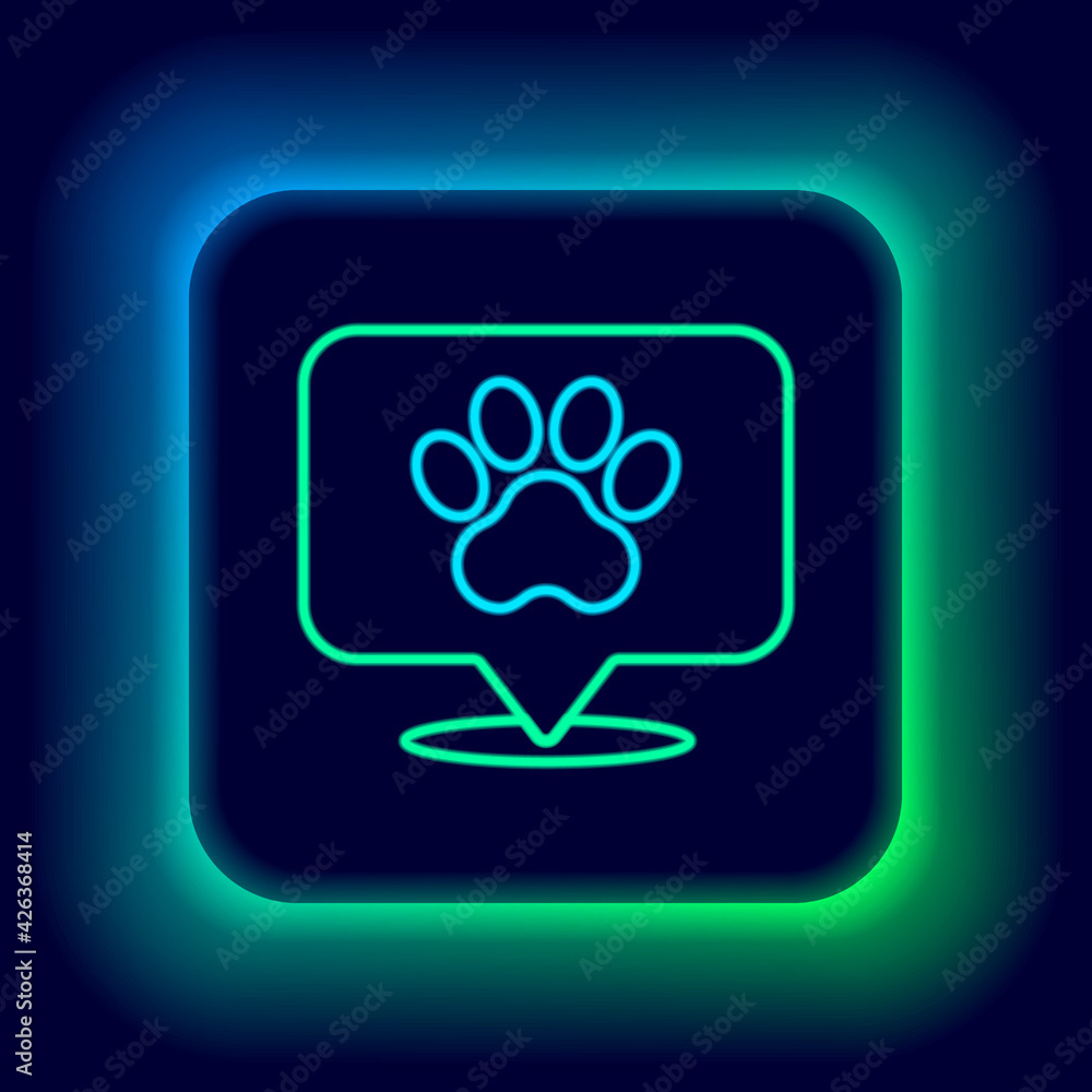 Glowing neon line Map pointer with veterinary medicine hospital, clinic or pet shop for animals icon isolated on black background. Veterinarian clinic. Colorful outline concept. Vector Glowing neon line Map pointer with veterinary medicine hospital, clinic or pet shop for animals icon isolated on black background. Veterinarian clinic. Colorful outline concept. Vector