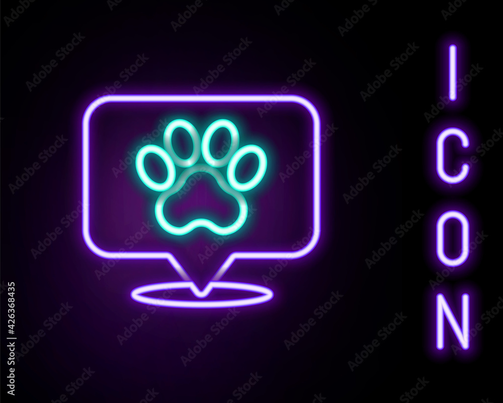 Glowing neon line Map pointer with veterinary medicine hospital, clinic or pet shop for animals icon isolated on black background. Veterinarian clinic. Colorful outline concept. Vector Glowing neon line Map pointer with veterinary medicine hospital, clinic or pet shop for animals icon isolated on black background. Veterinarian clinic. Colorful outline concept. Vector
