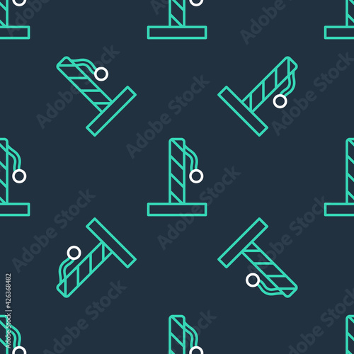 Line Cat scratching post with toy icon isolated seamless pattern on black background. Vector