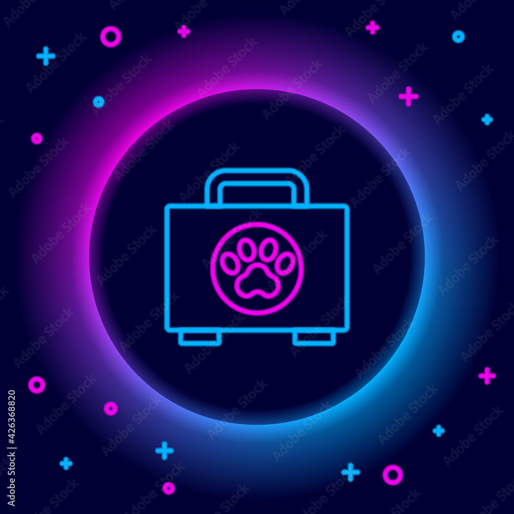 Glowing neon line Pet first aid kit icon isolated on black background. Dog or cat paw print. Clinic box. Colorful outline concept. Vector Glowing neon line Pet first aid kit icon isolated on black background. Dog or cat paw print. Clinic box. Colorful outline concept. Vector