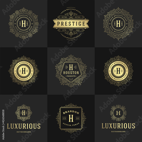 Vintage logos and monograms set elegant flourishes line art graceful ornaments victorian style vector template design