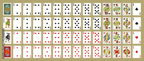 Playing cards, simplified version. Poker set with isolated cards. Poker playing cards, full deck.