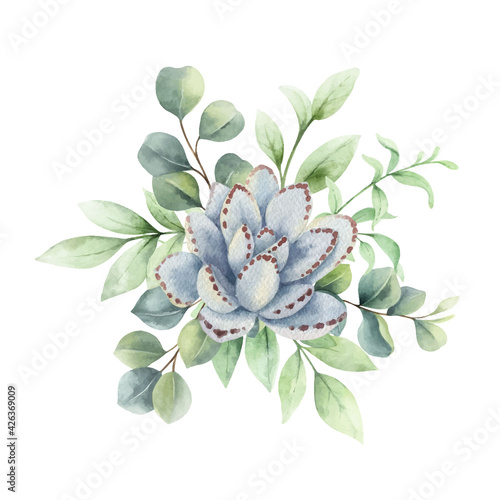 Watercolor vector bouquet with eucalyptus branches and succulent flower.