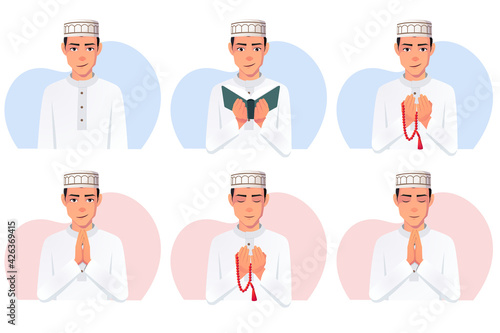 Muslim Man White Thobe Dress, wearing taqiyah hat Reading Quran, Praying with pearls, smiling Vector illustration.