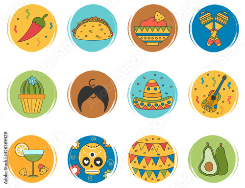 cute vector set of logo design templates, icons and badges for social media highlight with mexican elements
