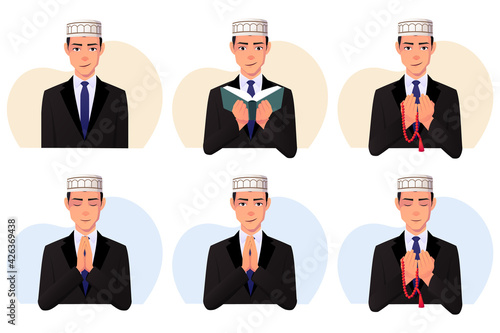 Muslim Man Wearing a black suit and taqiyah, araqchin hat Reading Quran, Praying with pearl Premium Vector.
