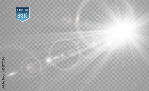 Special lens flash, light effect. The flash flashes rays and searchlight. illust.White glowing light. Beautiful star Light from the rays. The sun is backlit. Bright beautiful star. Sunlight. Glare.	