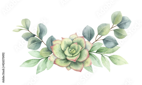 Watercolor vector wreath with eucalyptus branches and succulent flower.