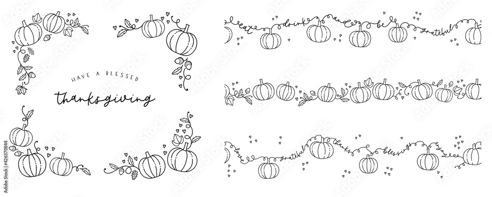Obraz premium Cute hand drawn Thanksgiving frames and corners, doodle Pumpkins and decoration, great for banners, wallpapers, flyers - vector design