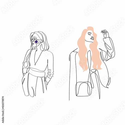 Fashion model concept, woman beauty minimalist, vector illustration. Luxury shop logo. Line art drawing woman