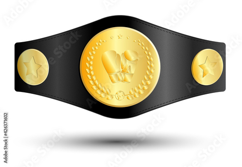 golden sport belt of boxing champion, kickboxing tournament winner with gloves and laurel wreath emblem in center. Realistic vector