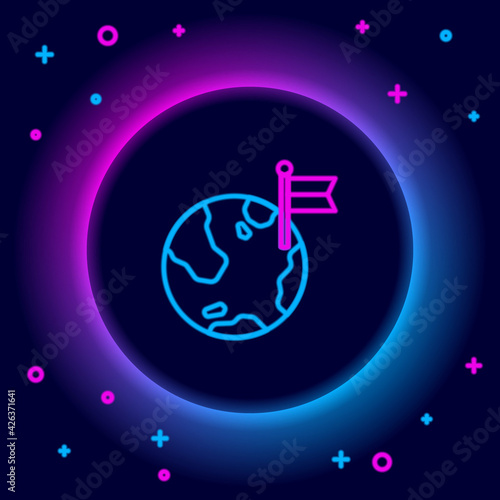 Glowing neon line Planet with flag icon isolated on black background. Victory, winning and conquer adversity concept. Colorful outline concept. Vector
