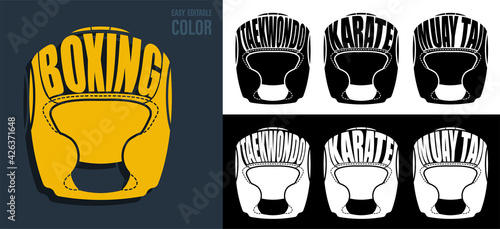 Volumetric letters with name BOXING, taekwondo, karate on background of sports protective helmet. Element for print and design of sports competitions. Isolated vector
