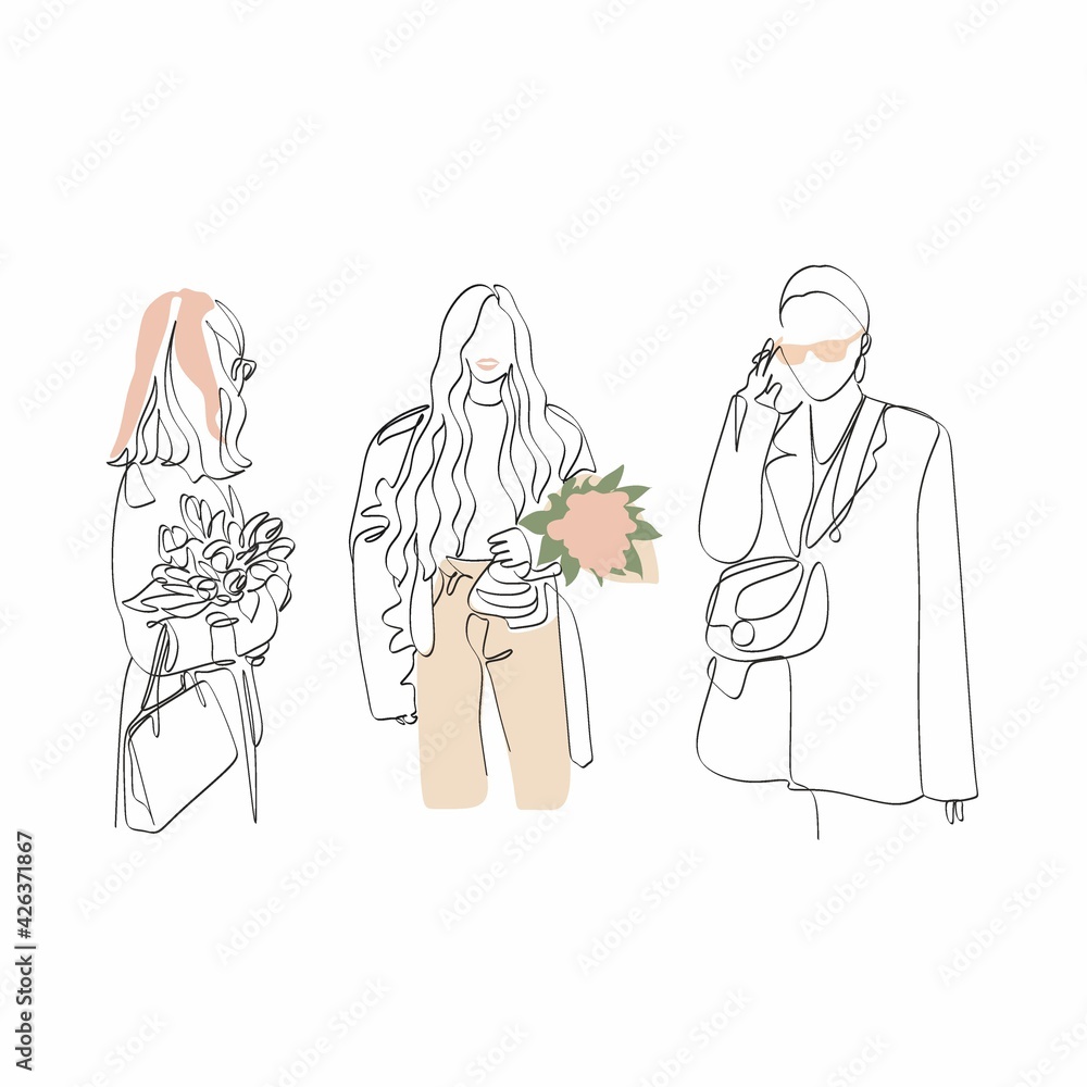 Fototapeta premium One line woman fashion, creative freehand composition in contemporary abstract style with colorful geometric elements. Beauty fashion female young figure. Tempura design for print, card, poster