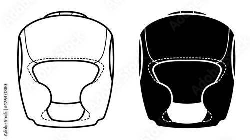 protective boxing helmet. Protective equipment of taekwondo, karate fighter. Black and white vector