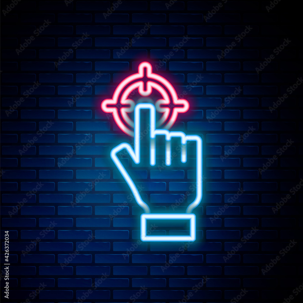 Glowing neon line Target financial goal concept icon isolated on brick wall background. Symbolic goals achievement, success. Colorful outline concept. Vector Glowing neon line Target financial goal concept icon isolated on brick wall background. Symbolic goals achievement, success. Colorful outline concept. Vector