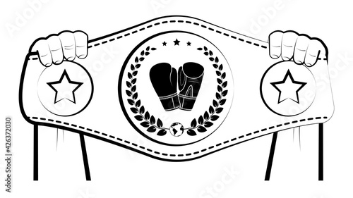 strong male hands of champion athlete hold competition winner belt over his head. Victory in tournament in boxing, combat sports. Vector