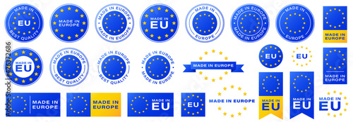 Labeling - Made in Europe. Stamps and tapes with yellow stars for packaging products and other consumer resources. Gradient-filled stickers. Information label. Vector illustration.