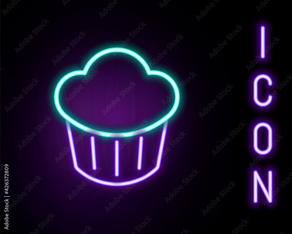 Glowing neon line Cupcake icon isolated on black background. Colorful outline concept. Vector Glowing neon line Cupcake icon isolated on black background. Colorful outline concept. Vector