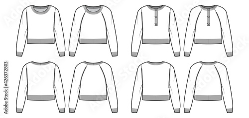 Set of cropped Round henley neck Sweaters technical fashion illustration with long raglan sleeves, waist length, knit rib trim. Flat jumper apparel front, back white color. Women men unisex CAD mockup
