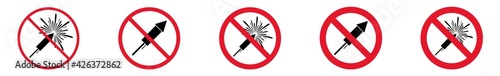Prohibition Sign Fireworks Forbidden Icon Set | Firecracker Prohibition Signs Prohibited Vector Illustration Logo | Pyrotechnics Fireworks Prohibition Sign Isolated Collection