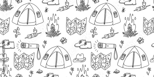 Vector seamless pattern. Tent, map, bonfire and other camp things on white background. Great for fabrics, wrapping papers, wallpapers, covers. Doodle hand drawn sketch illustration black outlines.