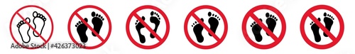 Prohibition Sign Footprints Forbidden Icon Set | Barefoot Prohibition Signs Prohibited Vector Illustration Logo | Human Foot Print Prohibition Sign Isolated Collection