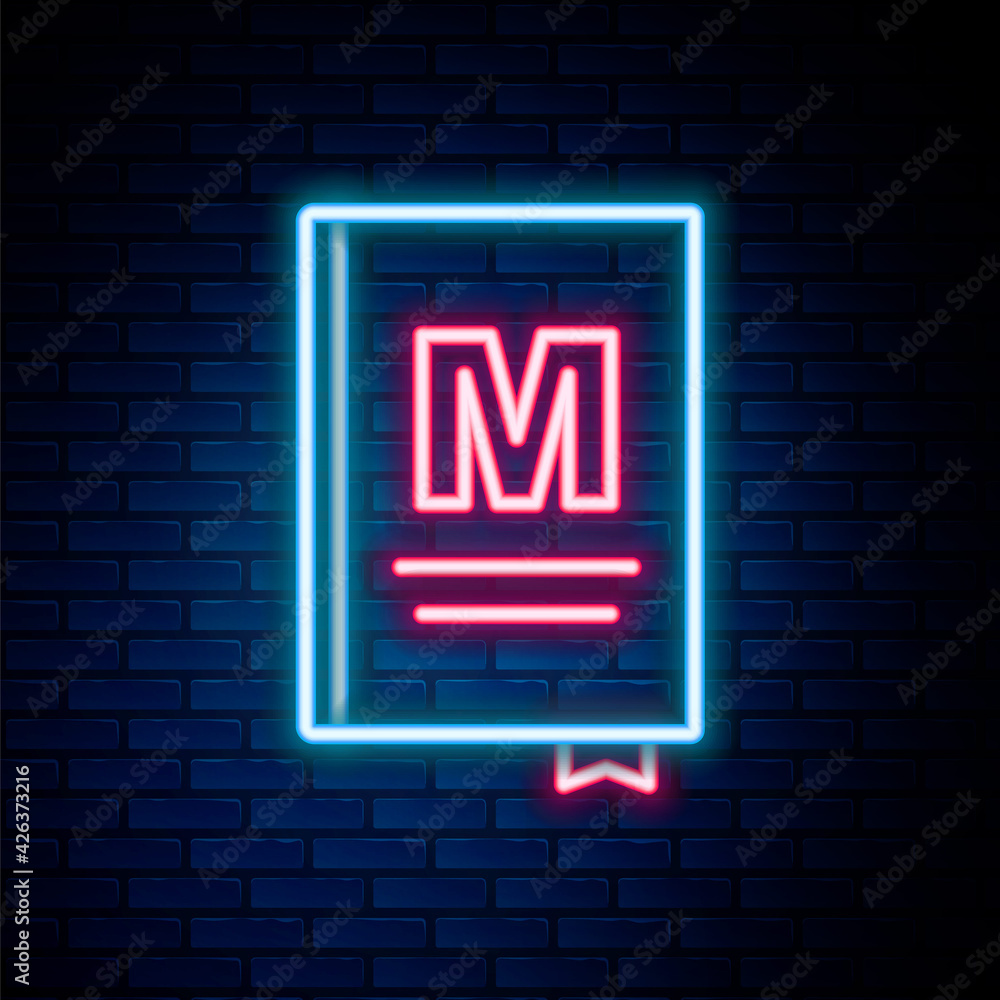 Glowing neon line Restaurant cafe menu icon isolated on brick wall background. Colorful outline concept. Vector Glowing neon line Restaurant cafe menu icon isolated on brick wall background. Colorful outline concept. Vector