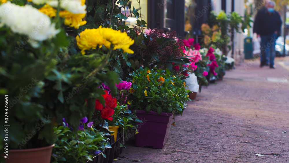 Fleurs en bouquet, décorant le trottoir d'une rue de la ville de Casteljaloux