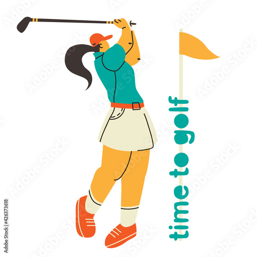 Golf player isolated. Time to golf, hand drawn lettering. Woman playing golf. Vector illustration of a character in a trending style disproportionate people.