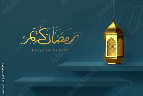Ramadan Kareem greeting card. Golden lantern on the shelf with handwritten arabic calligraphy means Ramadan Kareem. Vector illustration in 3d realistic style for islamic muslim holidays.