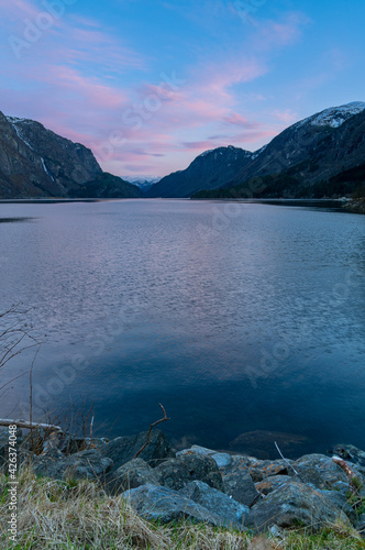 Sunset over Lake Sandvinvatnet from a campground in the town of Odda. photo